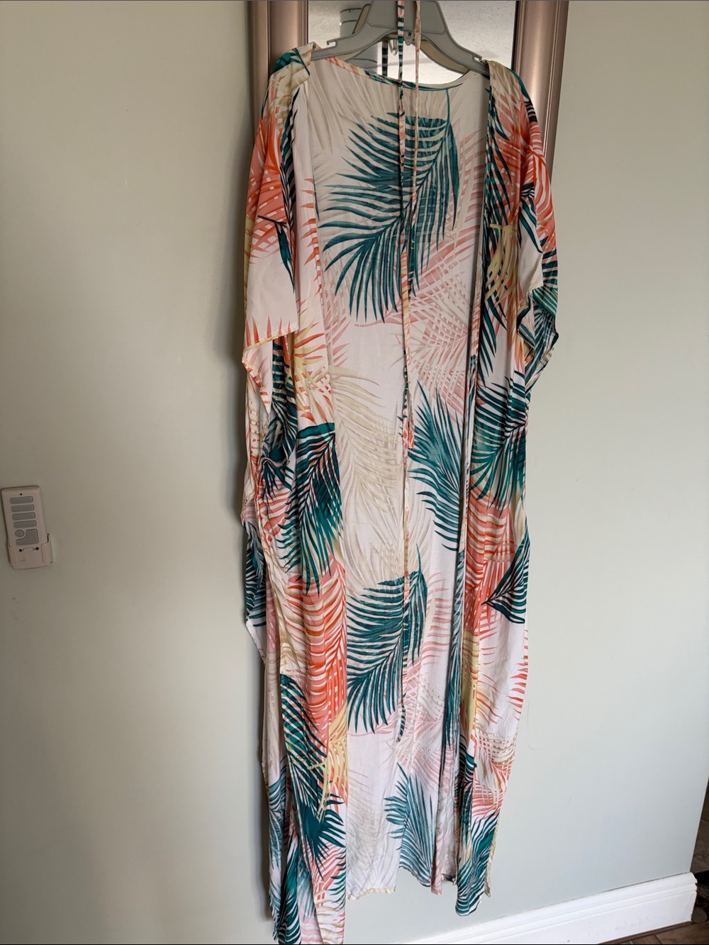 Tropical Palm Print Beach Kimono - White with Teal & Coral